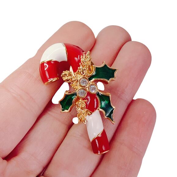 Enamel Candy Cane Christmas Pin Rhinestone Holly Festive Brooch Holiday Jewelry - Picture 3 of 8
